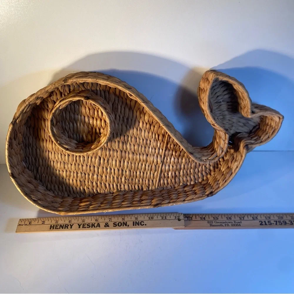 Large Figural Whale Natural Banana Leaf Rattan Chip & Dip Tray 21” Length